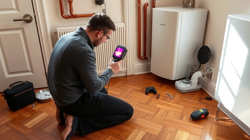 Engineer locating central heating leak using thermal imaging in Kensington